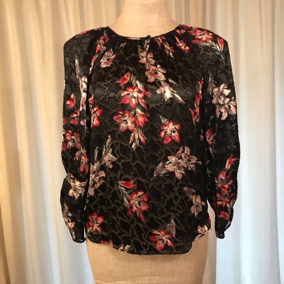 Rebecca Taylor Velvet Floral Burnout Blouse 0 Blk - Picture 6 of 16